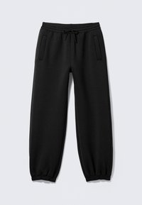 Sort sweatpants med snøre i taljen, elastiske manchetter og to sidelommer. Lavet af blødt materiale med en glat tekstur.