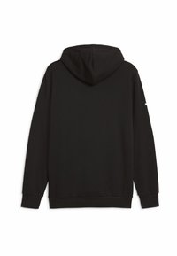 Black hooded sweatshirt made of a soft fabric. Features a kangaroo pocket and ribbed cuffs. Simple, clean design with no visible logos.