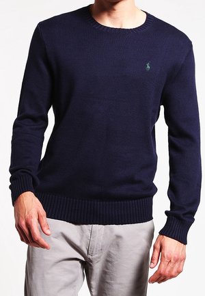 Homme portant un pull bleu marine à col rond avec un petit logo vert brodé sur la poitrine et un pantalon gris clair.