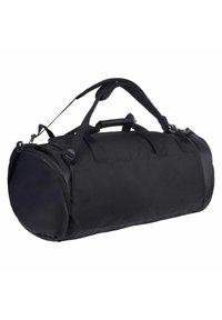 Musta duffel laukku, joka on valmistettu kestävästä kankaasta, sylinterimäinen muoto, kaksoiskantokahvat, säädettävä olkahihna, vetoketjullinen pääosasto.