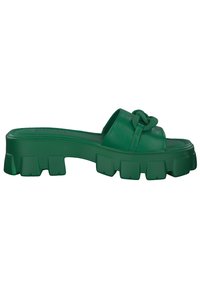 Sandale slide verte avec semelle épaisse et bride supérieure avec un détail décoratif tressé.