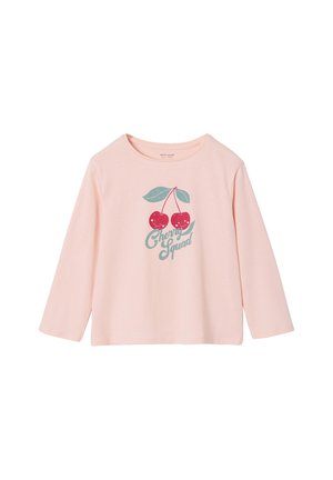 Light pink long-sleeve shirt with graphic of two red cherries, green leaves, and green text reading "Cherry Squad" on front center.