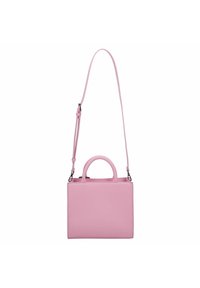 Borsa a tracolla in pelle rosa con forma rettangolare, doppi manici, tracolla removibile, superficie liscia e design minimalista.