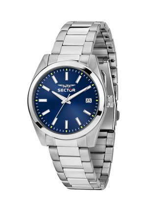 Orologio da uomo in acciaio inossidabile argentato con quadrante blu, indicatori delle ore bianchi, datario alle 3 e logo Sector sotto le 12.