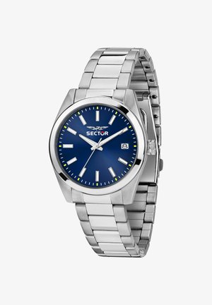 Herenhorloge van zilverkleurig roestvrij staal met blauwe wijzerplaat, witte uurmarkeringen, datumweergave op 3 uur en Sector-logo onder 12 uur.