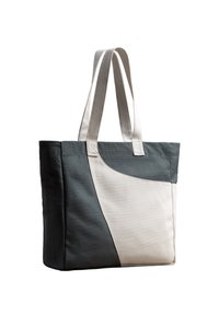 Tote bag met een bicolor ontwerp in donkergrijs en crème, vervaardigd van stevig materiaal met twee lange hengsels en een soepele textuur.
