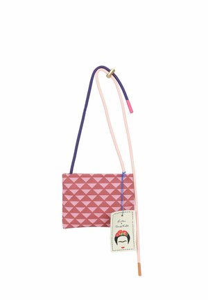 Small rectangular pink bag with a geometric triangle pattern and long adjustable two-tone strap with pink and purple ends.