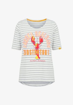 Weißes und graues gestreiftes Kurzarmhemd mit rotem Hummer-Grafik und den Texten „Färska Skaldjur“, „Lobstertous“ und „Islands & Seawaves“.