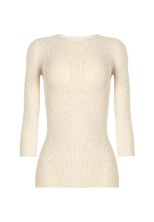 Hellcremefarbener, strukturierter Strickpullover mit dreiviertel Ärmeln und rundem Ausschnitt. Verfügt über ein durchgängiges offenes Strickmuster.