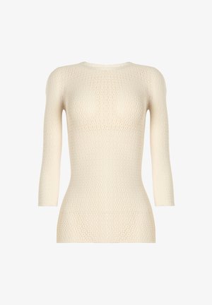 Hellcremefarbener, strukturierter Strickpullover mit dreiviertel Ärmeln und rundem Ausschnitt. Verfügt über ein durchgängiges offenes Strickmuster.