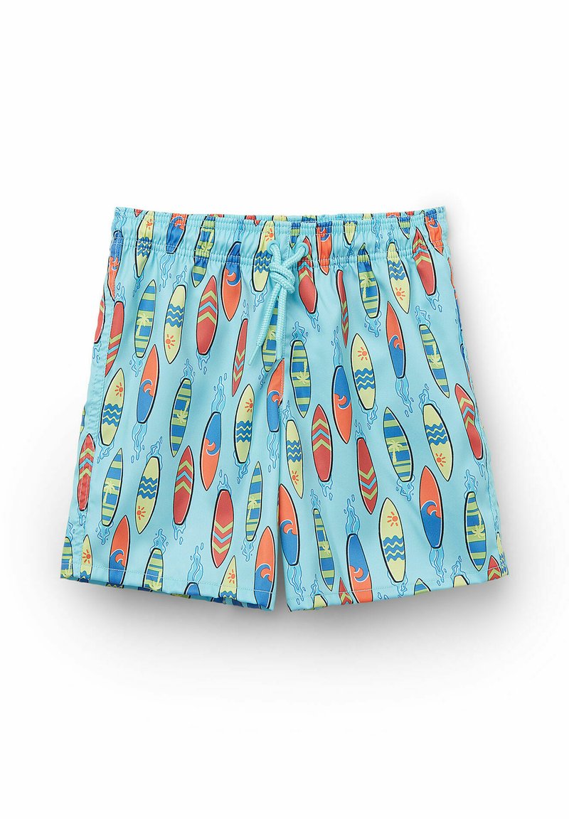 Swim shorts made of lightweight fabric featuring a light blue background with colorful surfboard patterns in red, yellow, and green.