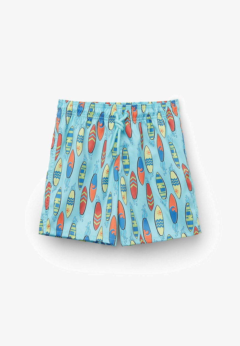 Swim shorts made of lightweight fabric featuring a light blue background with colorful surfboard patterns in red, yellow, and green.