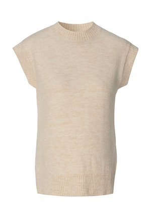 Pull sans manches en tricot beige avec un col rond côtelé et un ourlet. Texture douce avec un motif chiné subtil.