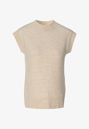 Beige gebreide mouwloze trui met een ribbelronde halslijn en zoom. Zachte textuur met een subtiel heatherpatroon.