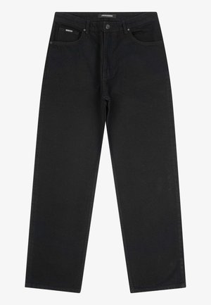 Black denim jeans with a straight cut, featuring a button and zipper closure, front pockets, and a minimalist design. Soft texture.