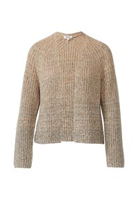 Strickpullover mit Rundhalsausschnitt, gefertigt aus strukturiertem beigem Garn mit dezenten braunen und cremefarbenen Mustern. Verkürzt und oversized geschnitten mit langen Ärmeln.