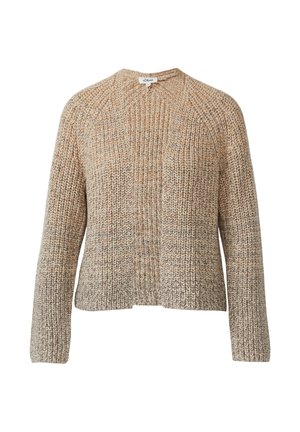 Strickpullover mit Rundhalsausschnitt, gefertigt aus strukturiertem beigem Garn mit dezenten braunen und cremefarbenen Mustern. Verkürzt und oversized geschnitten mit langen Ärmeln.