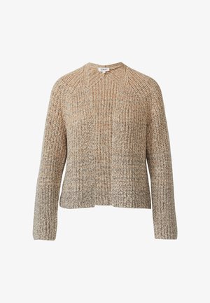 Sweter dzianinowy z okrągłym dekoltem, wykonany z teksturowanej, beżowej przędzy z delikatnymi brązowymi i kremowymi wzorami. Krótkie, luźne rękawy. Skrojony w oversize'owym stylu.