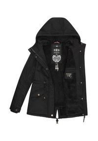 Black jacket with a hood, featuring a fuzzy interior, front pockets, adjustable drawstrings, and metal hardware accents.