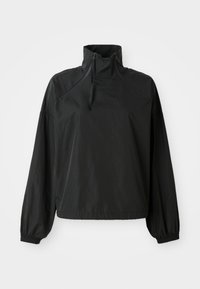 Schwarze Pulloverjacke mit hohem Kragen, Reißverschlussdetails, elastischen Bündchen und lockerer Passform. Hergestellt aus leichtem, glattem Stoff.