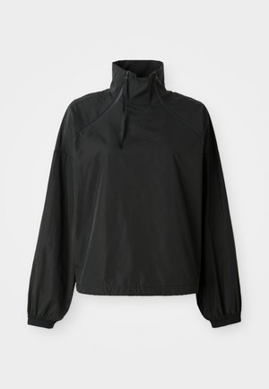 Zwarte pulloverjack met een hoge kraag, ritsdetails, elastische manchetten en een ontspannen pasvorm. Gemaakt van lichtgewicht, gladde stof.