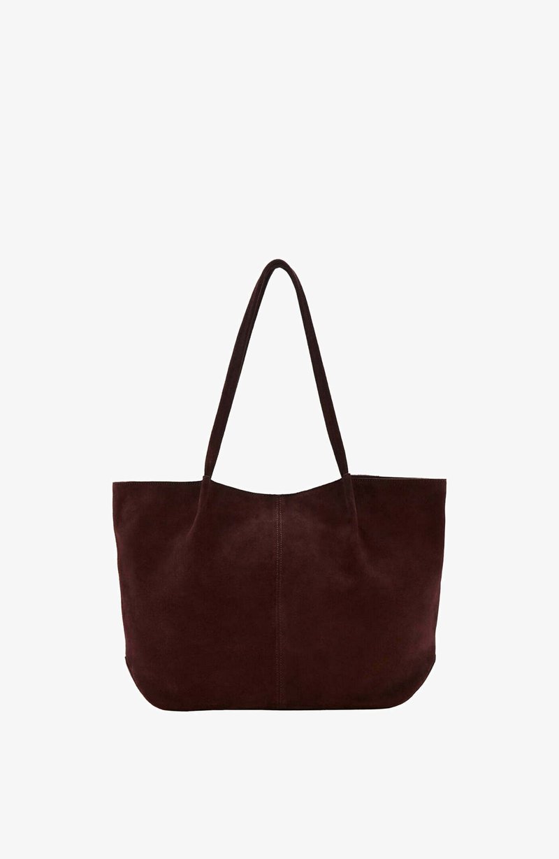 Sac cabas en daim marron foncé avec deux sangles d'épaule et un design simple, épuré, présenté sur fond blanc.