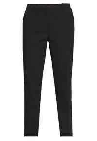 Černé ušité kalhoty se rovný fit, plochým předním dílem a dvěma šikmými kapsami. Vyrobené z hladkého materiálu s mírným leskem.