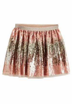 Rosa-goldene Paillettenrock mit einem gerafften Design, ausgestattet mit einem glänzenden elastischen Taillenband und einer Mischung aus goldenen und silbernen Pailletten auf der gesamten Fläche.