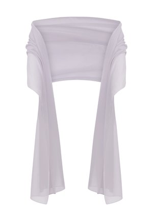 Vaaleanharmaa läpikuultava huivi, jossa on laskostettuja laskoksia ja pitkät roikkuvat päät, suunniteltu kietottavaksi hartioiden ympärille.