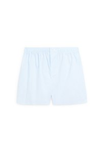 Boxers en coton bleu clair avec une coupe décontractée, dotés d'une taille élastique et de deux boutons à l'avant, texture lisse et design minimaliste.