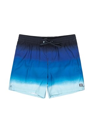 Zili peldkostīmi ar gradāciju no tumši zila līdz gaiši ziliem, ar elastīgu jostasvietu, auklu un logotipa uzlīmi.