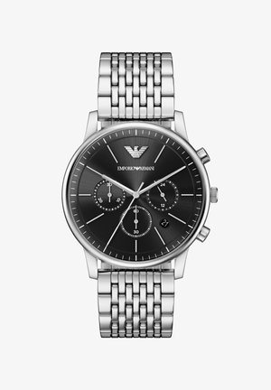 Orologio cronografo in acciaio inossidabile con quadrante nero, dettagli argento, tre quadranti secondari e cinturino intrecciato a maglie. Dotato di finestra per la data.