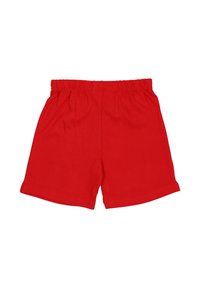 Rode elastische korte broek, plat gelegd, gemaakt van zachte stof met eenvoudige stiksels en zonder patronen.