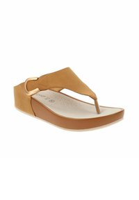 Infradito in suede beige con ampia fascia superiore, dettaglio argentato, soletta imbottita e suola in gomma marrone spessa.