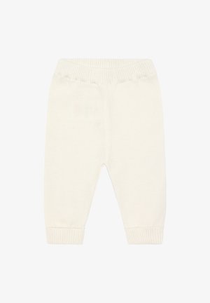 Pantalones de bebé tejido en color crema con cintura y puños acanalados, que presentan un patrón simple y sólido y una textura suave.