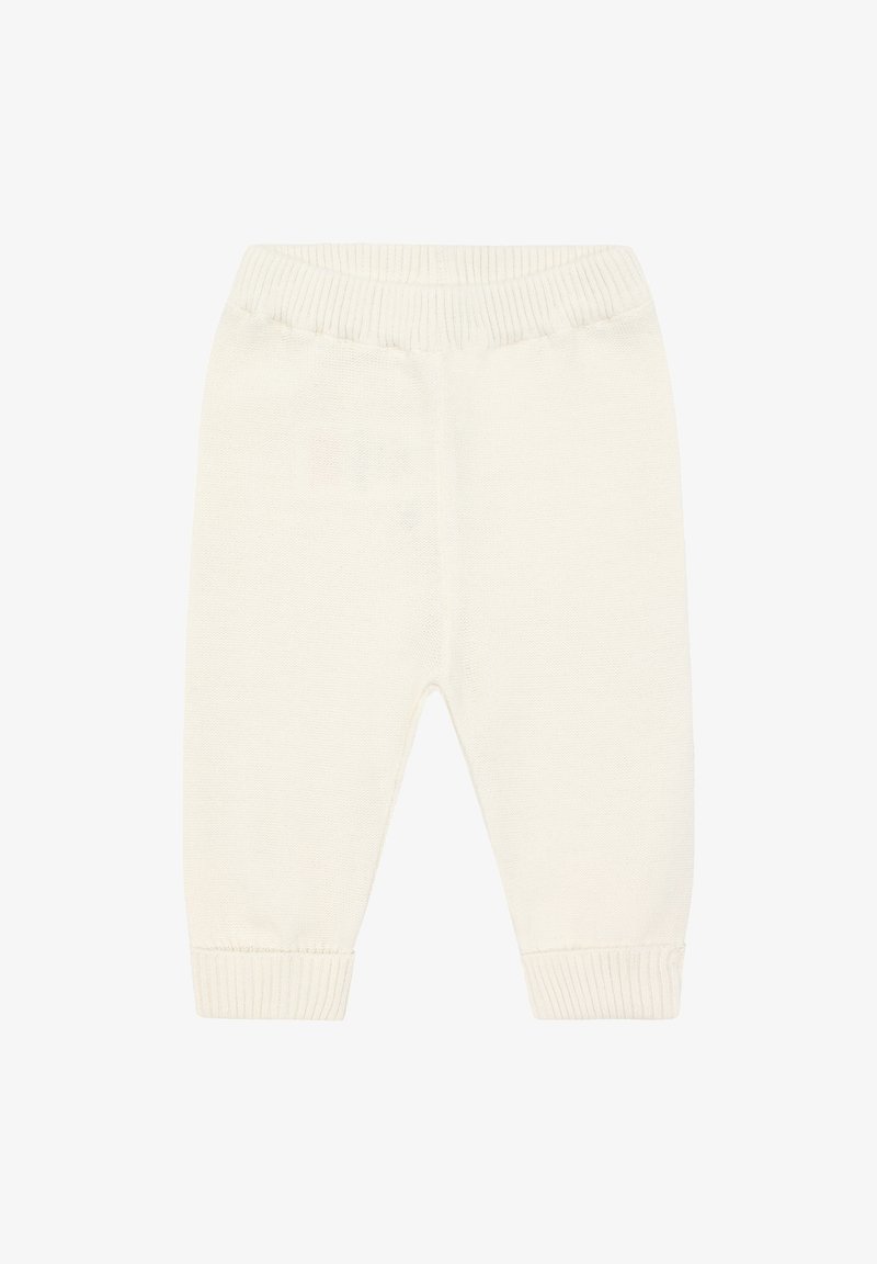 Babyhose aus gestricktem, cremefarbenem Garn mit geripptem Bund und Bündchen, versehen mit einem schlichten, einfarbigen Muster und weicher Textur.