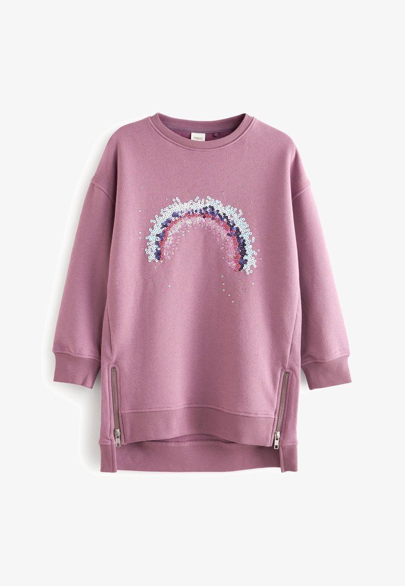 Violetti huppari, jossa on monivärinen paljettisateenkaari-kuvio. Sivuvetoketjut helman kohdalla ja ribbineulehihansuut. Pehmeä, tekstuuriinen kangas.