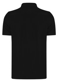 Schwarzes Poloshirt aus Jersey-Stoff, mit klassischem Kragen, kurzen Ärmeln und glatter Textur ohne sichtbare Logos oder Muster.