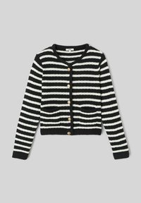 Cardigan à rayures horizontales noires et blanches avec manches longues, encolure ronde, boutons dorés sur le devant et deux poches avant.