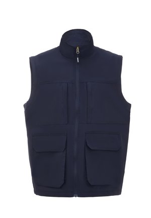 Vest senza mâne de culoare bleumarin, confecționat dintr-un material ușor, având un guler înalt, fermoar frontal și două buzunare mari în față.