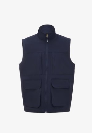 Granatowa, bezrękawnikowa kamizelka z lekkiego materiału, z wysokim kołnierzem, zamkiem błyskawicznym z przodu oraz dwiema dużymi kieszeniami z przodu.