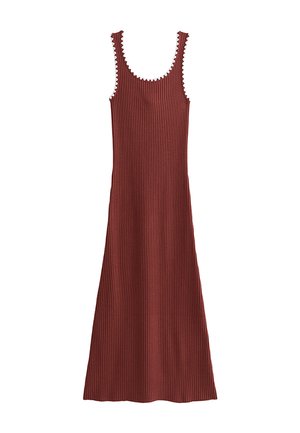 Vestido midi sin mangas acanalado en color óxido con ribete blanco en forma de ondas a lo largo del escote y las tiras.