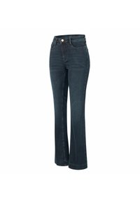 Dunkelblaue Denim-Jeans mit weitem Bein, Fünf-Taschen-Design, Knopfverschluss und sichtbaren Nähten an den Säumen.
