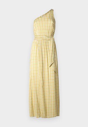 Gelbes Gingham-Ein-Schulter-Maxikleid mit tailliertem Bund, seitlichen Taschen und fließendem Stoff, der ein kariertes Muster aufweist.
