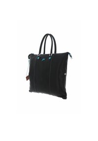 Borsa tote in pelle nera con dettagli blu, due manici e chiusura zip; presenta una superficie testurizzata e dettagli di cucitura a contrasto.