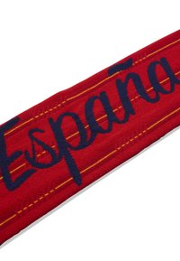 Sciarpa rossa con la parola "España" in blu scuro, con dettagli di cucitura gialla, realizzata in un morbido tessuto con una trama intrecciata.