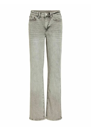 Blugi gri deschis, cu talie înaltă și croială dreaptă, cu nasture în față, fermoar, bucle pentru curea și design cu cinci buzunare.