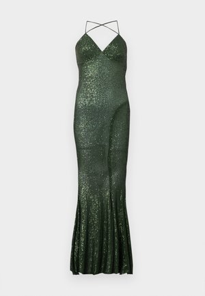 Green sequin evening dress with a fitted silhouette, spaghetti straps, and flared hem, featuring vertical stripes of sequins for texture.