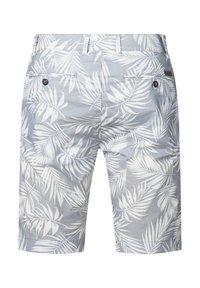 Graue Shorts mit einem weißen Palmenblattmuster, Rückentaschen und Knopfakzenten. Hergestellt aus leichtem Material, geeignet für warmes Wetter.