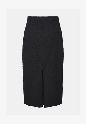 Fustă midi neagră cu un model texturat în formă de inimă, fente în față și talie. Realizată dintr-un material cu o finisare netedă și o formă bine definită.